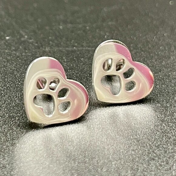 Pawprint and Heart Stainless Steel Stud Small Earrings #1240 - Picture 3 of 10
